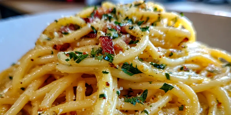 Plate of Spaghetti Carbonara garnished with parsley